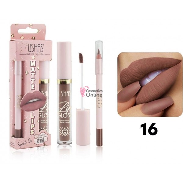 Gloss pentru buze USHAS Sparkle On 2 in 1 Gloss Matt cu 1 Creion pentru contur - SO16 Sunrise
